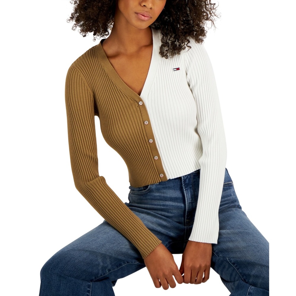 Tommy Jeans Women's Colorblock V-Neck Pullover Sweater White Tan Size Large